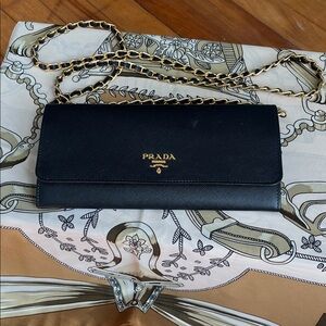 Prada Black Saffiano Leather Wallet On A Chain